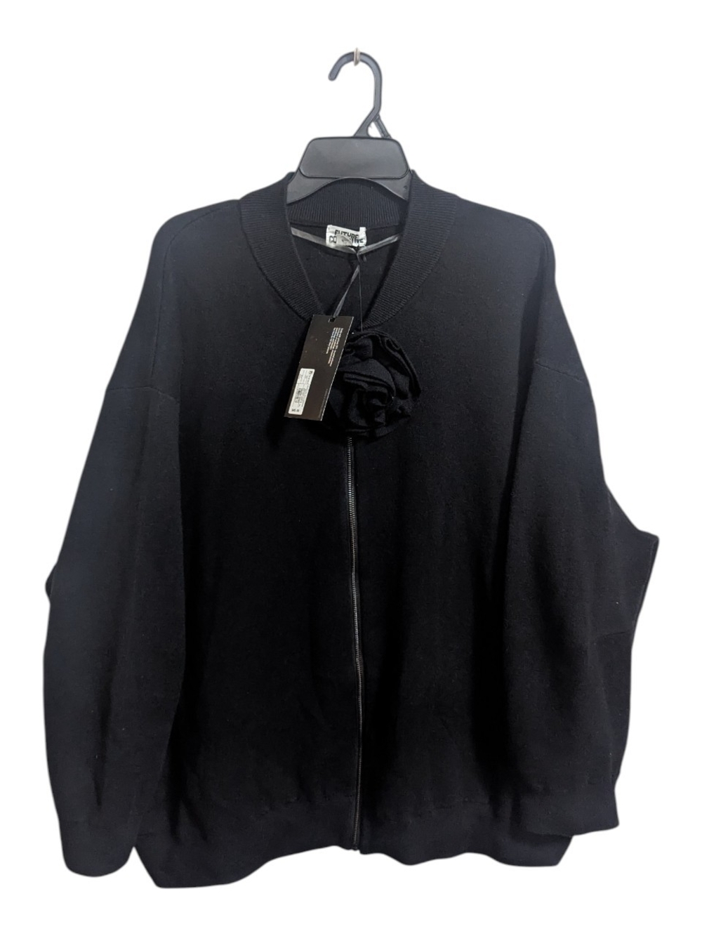 Future Collective Zip Front Women’s Cardigan Sz 2X Rosette Pin Accent Black